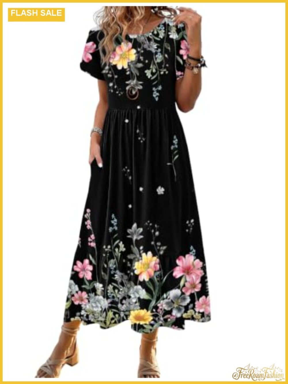 Women's Midi A-Line Tiered Flowy Summer Dress Short Sleeve Beach Casual